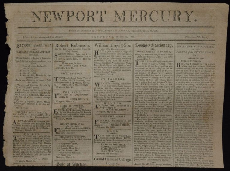 Item #268664 [NEWSPAPER] NEWPORT MERCURY. MARCH 23, 1811.