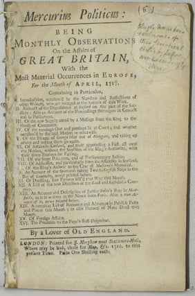 Item #284581 MERCURIUS POLITICUS: BEING MONTHLY OBSERVATIONS ON THE AFFAIRS OF GREAT BRITAIN,...