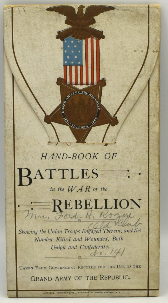 Item #287950 BATTLES FOR THE UNION AND THE UNION FORCES ENGAGED THEREIN TOGETHER WITH A RECORD OF CASUALTIES. 1861-1865. THIS VOLUME IS RESPECTFULLY DEDICATED TO THE GRAND ARMY OF THE REPUBLIC BY THE ILLINOIS CENTRAL RAILROAD CO. | HAND-BOOK OF BATTLES IN THE WAR OF THE REBELLION. SHOWING THE UNION TROOPS ENGAGED THEREIN, AND THE NUMBER KILLED AND WOUNDED, BOTH UNION AND CONFEDERATE. TAKEN FROM GOVERNMENT RECORDS FOR THE USE OF THE GRAND ARMY OF THE REPUBLIC. TWENTY-FIRST ANNUAL ENCAMPMENT OF THE GRAND ARMY OF THE REPUBLIC AT ST. LOUIS, MO. SEPTEMBER 27, 1887. Grand Army of the Republic |, The Illinois Central Railroad Company.