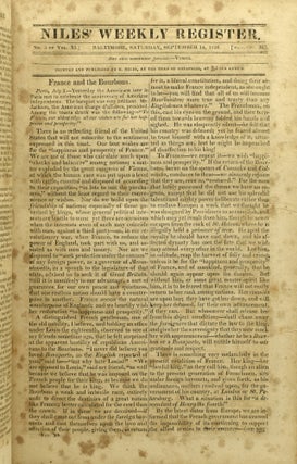 Niles' Weekly Register Containing Political, Historical, Geographical, Scientifical, Statistical, Economical, and Biographical Documents, Essays, and Facts: From SEPTEMBER, 1816 to march 1817. -- vol, xi