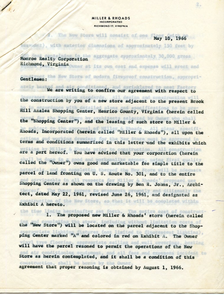 Item #296556 [RICHMOND] [CONTRACT] CONSTRUCTION OF MILLER & RHOADS, BROOK HILL AZALEA SHOPPING CENTER. 1966