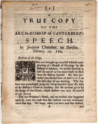 Item #297558 [ENGLISH] A TRUE COPY OF THE ARCH-BISHOP OF CANTERBURY’S SPEECH, IN JERUSALEM...