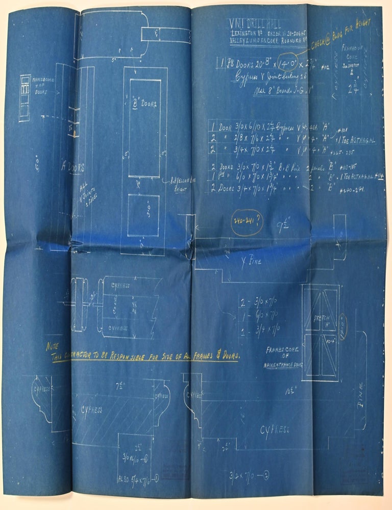 Item #298634 [VIRGINIA] [CONTRACTOR&rsquo;S BLUEPRINT; VMI] MEASURED DRAWINGS FOR THE VMI DRILL HALL, 1942
