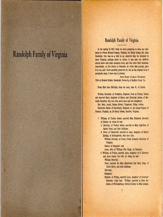 Item #298710 [VIRGINIA] RANDOLPH FAMILY OF VIRGINIA. John Randolph, Anne Marie Lyman Randolph
