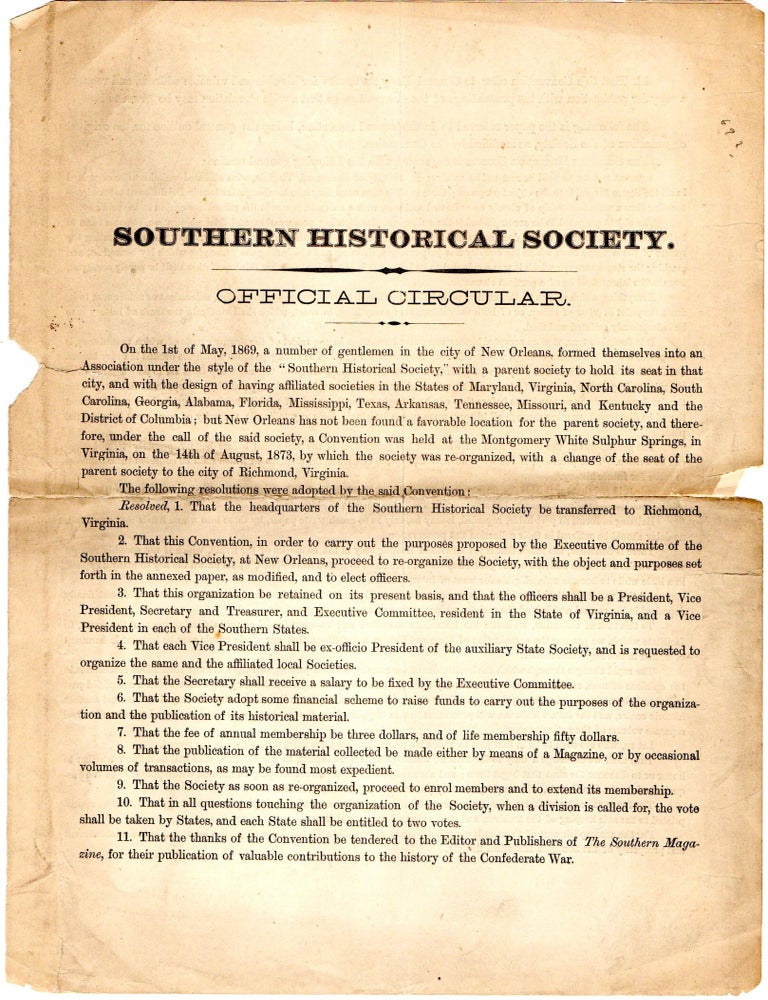 Item #298915 [CIVIL WAR] [LOST CAUSE] SOUTHERN HISTORICAL SOCIETY CIRCULAR. Jubal A. Early.