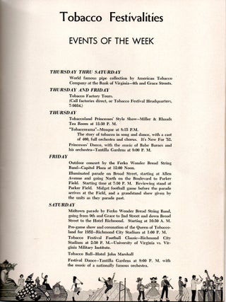 [VIRGINIA] [RICHMOND] SOUVENIR PROGRAM. THE 4th ANNUAL TOBACCO FESTIVAL. RICHMOND, VIRGINIA. OCTOBER 16-18, 1952