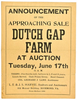 Item #300094 DUTCH GAP FARM AUCTION FLYER. L E., Realtors J S. Harvie