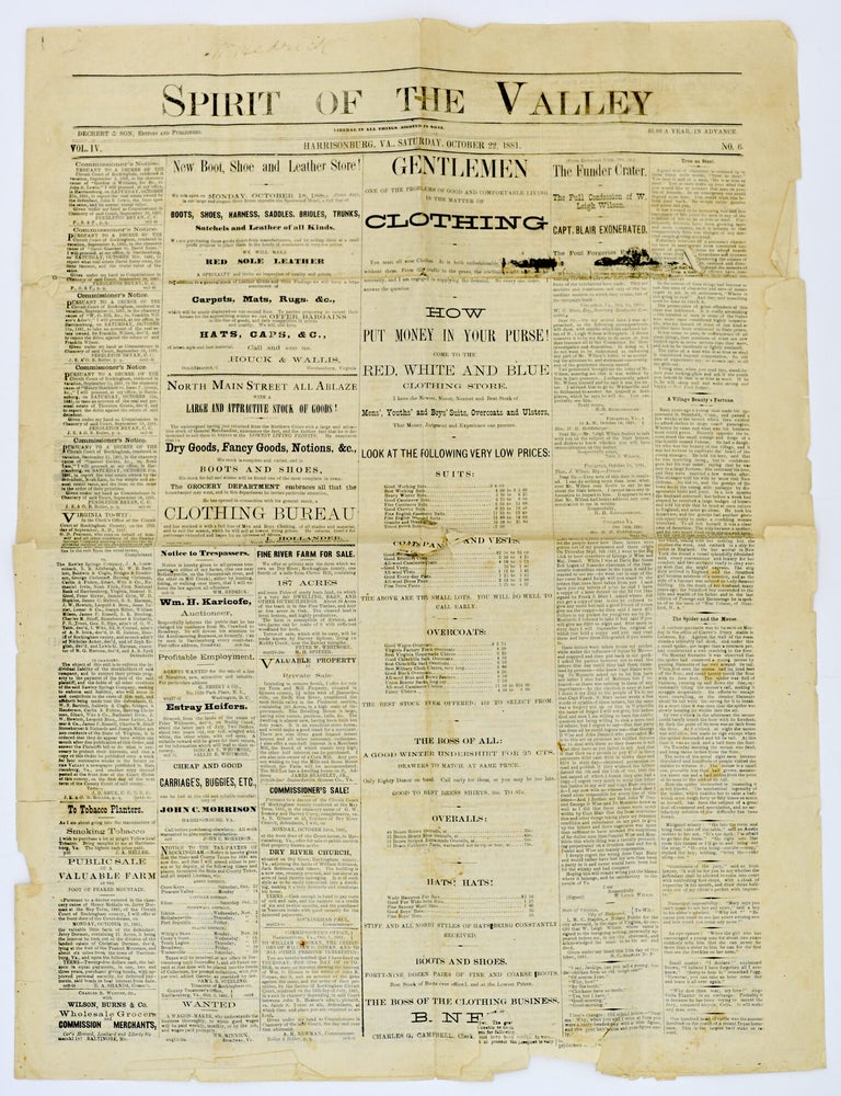 Item #300239 [AMERICANA] [NEWSPAPER] SPIRIT OF THE VALLEY. ROCKINGHAM COUNTY. ONE ISSUE