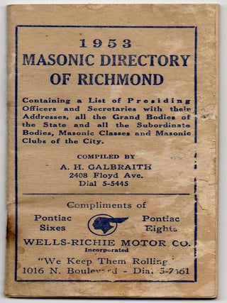 Item #300310 1953 MASONIC DIRECTORY OF RICHMOND. A H. Galbraith