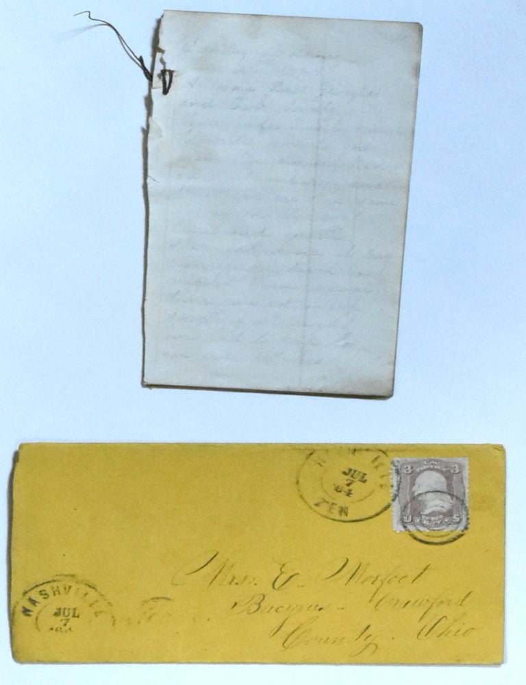 Item #300671 [CIVIL WAR LETTER] CHARLES MORFOOT, 101st OHIO INFANTRY, 1864. Corporal / 1st Lieutenant Charles Morfoot, A substantial Civil War letter, interesting and quite vivid content, interesting, quite vivid content, 101st Ohio Infantry Volunteers Charles Morfoot, Ohio. It&rsquo;s orange envelope has a. pink 3 cent stamp, Crawford County, Georgia to his wife Elizabeth back home in Bucyrus, 1864 at Altoona Pass, on June 26, the bust of George Washignton, July 7 is postmarked &ldquo;Nashville, 1864&rdquo;. Morfoot had been a. bricklayer, 1862. He saw action at Perryville enlisted in August, Franklin, Jonesboro, Kennesaw Mountain, Resaca, Chickamauga, Murfreesboro, Nashville . The letter is written on ledger paper that is approximately 5 x. 3&rdquo;, was stitched together at the corner. It is in legible pencil, or 12 pages. ~Some highlights include: &ldquo;We are on the front line is 6 leaves, we have to keep lo in our ditches. We had lots fun talking on the skirmish line it has been more civil last night than usual there was not much shooting all night, the reb skirmish line at night&rdquo; || &ldquo;.. they have broke up Morgan&rsquo;s Band, captured half his command, I. think not more than 8 or 10 retaken most of his prisoners&rdquo; || &ldquo;.. our regiment loss some, we were not on the front line. our loss is heavy altogether they have been carrying off wounded ever since it commenced, are still there are not more than one hundred men at that work. I. judge our loss altogether at one thousand. It was attacked at 3 different places.&rdquo; || &ldquo;.. it is hard for our wounded. Many living in the hot sun a. long time, many perhaps that we can&rsquo;t get at for our men went right up to their works. One color barer was bayoneted on the works, General Harker.&rdquo; || &ldquo;One think more our Lieut. got a. bullet through his beard their color captured. I. think this is a. lesson for our Generals not to charge on works of that kind some of them I. know was killed, his thumb, one other of our Co. has a. hole shot through his coat collar.&rdquo;~~ skinned it a. little. I. was lying near him, p. 1541 see Dyer.